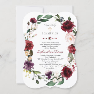 Burgundy Blush Floral Gold Erste Heilige Kommune Einladung