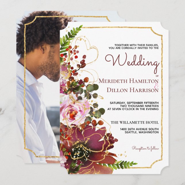 Burgundy Blush Floral Gold Foto Boho Wedding Einladung (Vorne/Hinten)