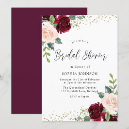 Burgundy Blush Floral Gold Glitzer Brautparty Einladung