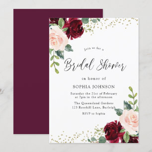 Burgundy Blush Floral Gold Glitzer Brautparty Einladung