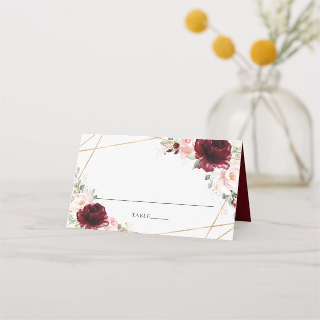 Burgundy Blush Floral Gold Wedding Name Platzkarte (Vorderseite)