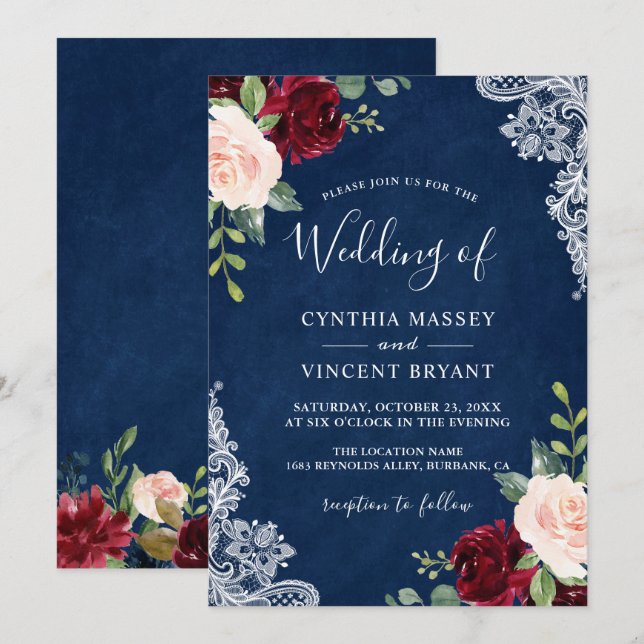 Burgundy Blush Floral Lace Navy Blue Wedding Einladung (Vorne/Hinten)