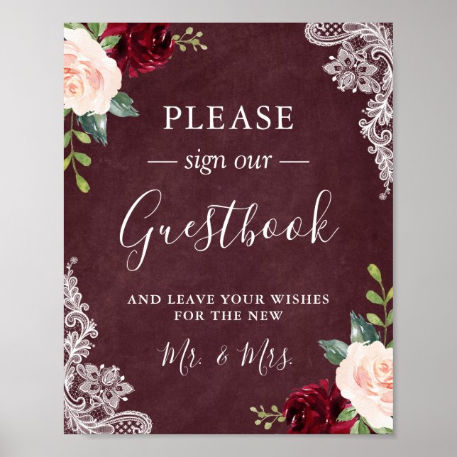 Burgundy Blush Floral Lace Wedding Gästebuchunters Poster (Vorne)