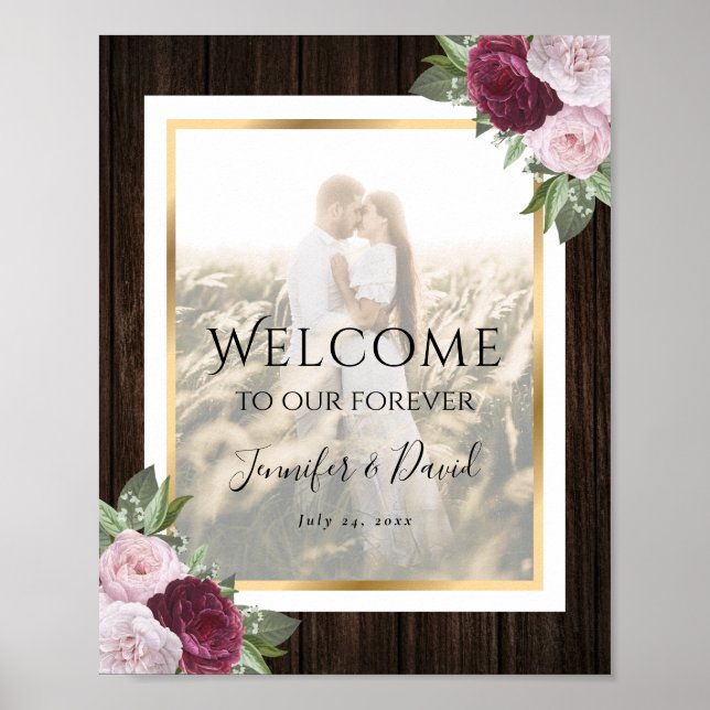 Burgundy Blush Floral Mariage Affiche de bienvenue (Devant)