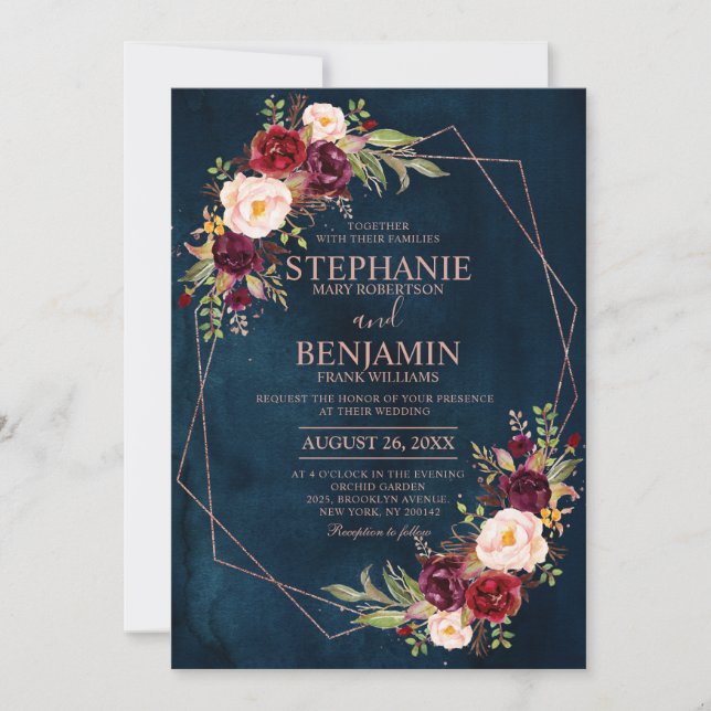 Burgundy Blush Floral Modern Geometric Wedding Inv Einladung (Vorderseite)