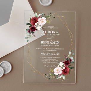 Burgundy Blush Floral Moderne geometrische Hochzei Acryleinladungen