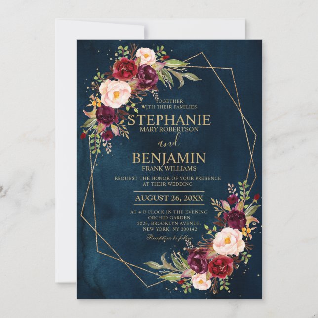 Burgundy Blush Floral Moderne geometrische Hochzei Einladung (Vorderseite)