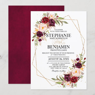 Burgundy Blush Floral Moderne geometrische Hochzei Einladung