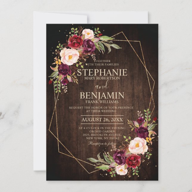 Burgundy Blush Floral Moderne geometrische Hochzei Einladung (Vorderseite)