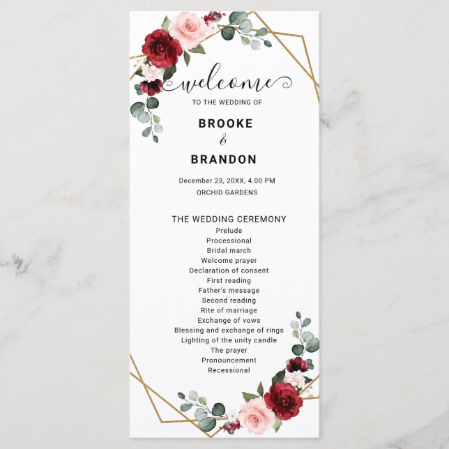 Burgundy Blush Floral Moderne geometrische Hochzei Programm (Vorderseite)