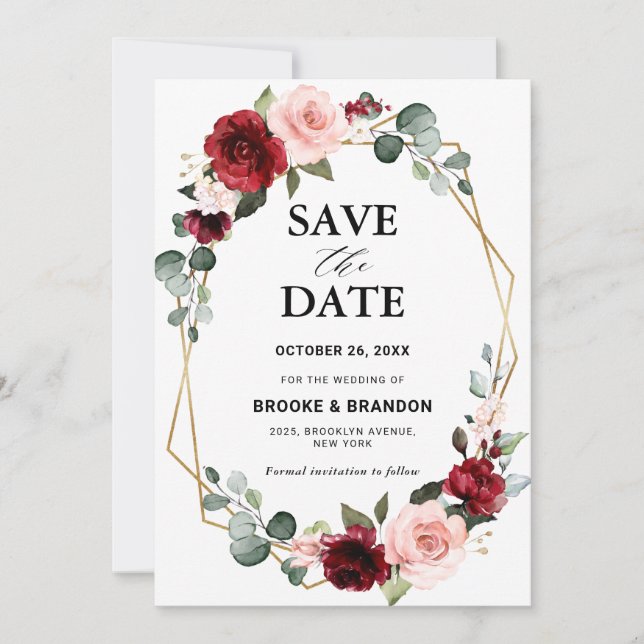 Burgundy Blush Floral Moderne geometrische Hochzei Save The Date (Vorderseite)