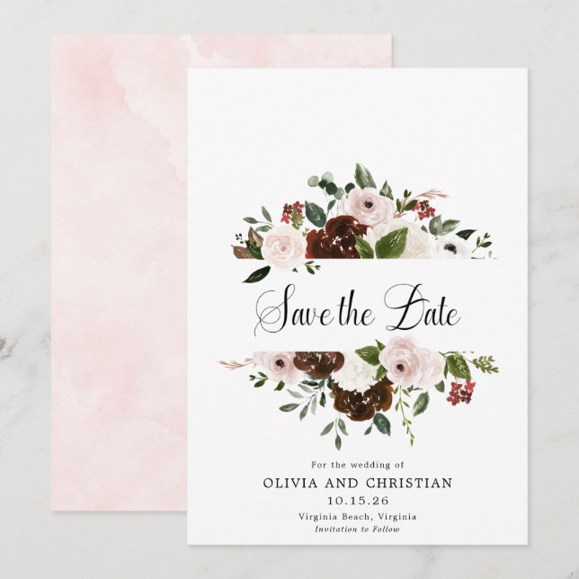 Burgundy Blush Floral Moderne Kalligrafie Save The Date (Vorne/Hinten)