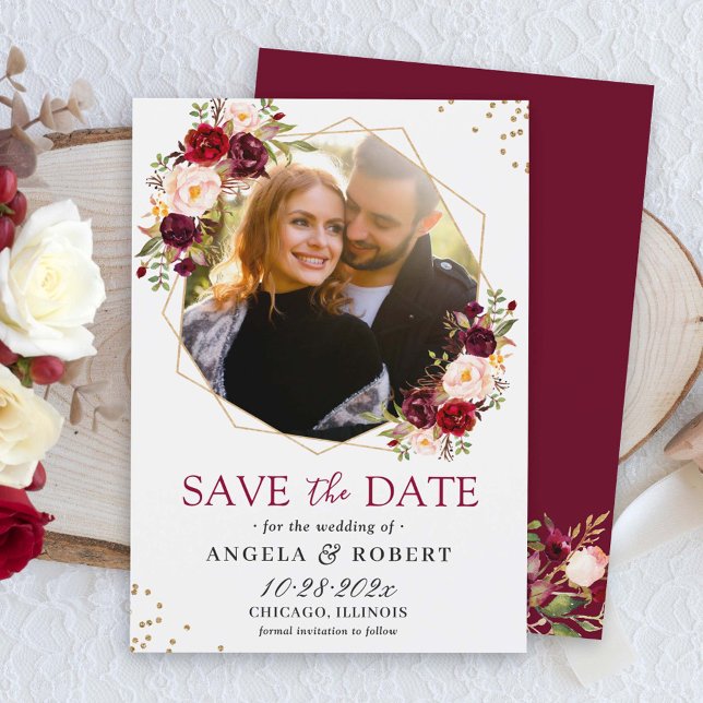 Burgundy Blush Floral Modernes Foto mit geometrisc Save The Date (Von Creator hochgeladen)