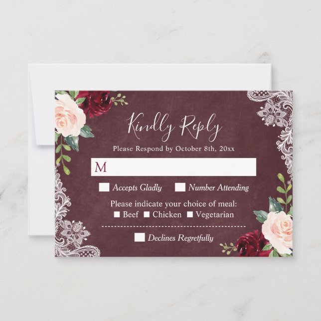 Burgundy Blush Floral Paisley Lace Wedding RSVP (Devant)