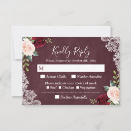 Burgundy Blush Floral Paisley Lace Wedding RSVP Karte
