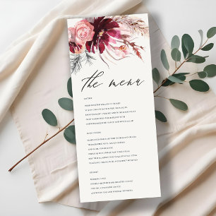 Burgundy Blush Floral Pampas Grass Mariage Menu
