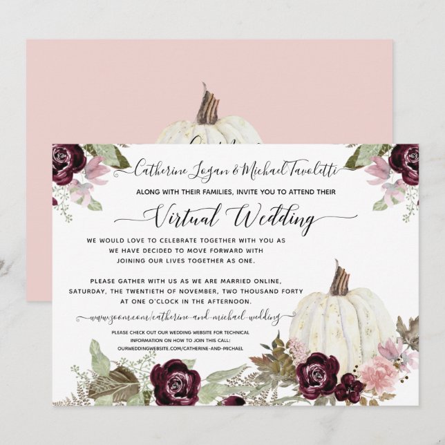 Burgundy Blush Floral Pumpkin Virtual Wedding Einladung (Vorne/Hinten)