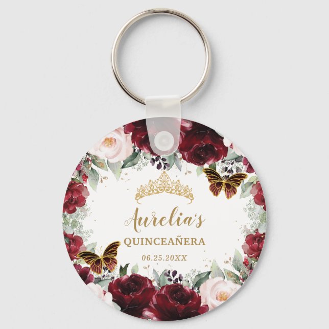 Burgundy Blush Floral Quinceañera Crown Butterfly Schlüsselanhänger (Vorderseite)
