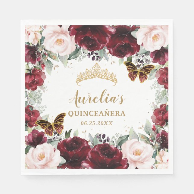 Burgundy Blush Floral Quinceañera Crown Butterfly Serviette (Vorderseite)
