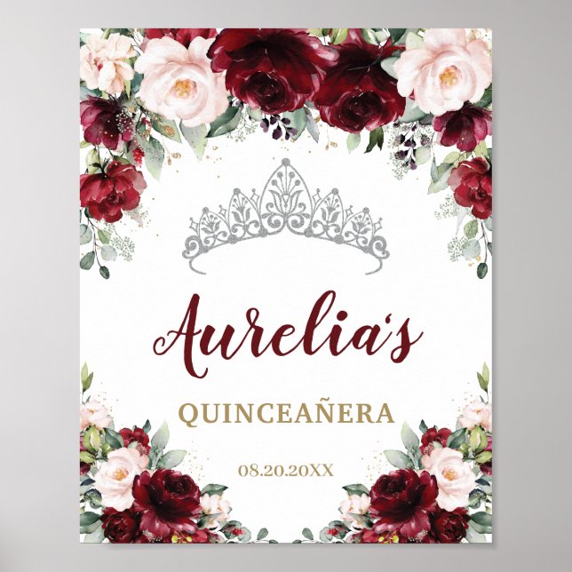 Burgundy Blush Floral Quinceañera Tiara Willkommen Poster (Vorne)