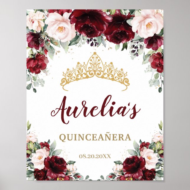 Burgundy Blush Floral Quinceañera Tiara Willkommen Poster (Vorne)