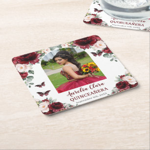 Burgundy Blush Floral Quinceñera Foto Keepake Rechteckiger Pappuntersetzer