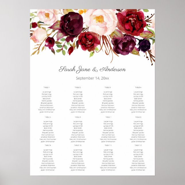 Burgundy Blush Floral Seating Chart 12 White Poster (Vorne)