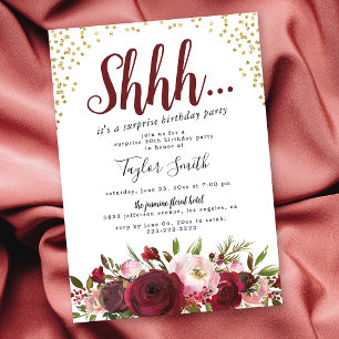 Burgundy Blush Floral Surprise Birthday Party Einladung