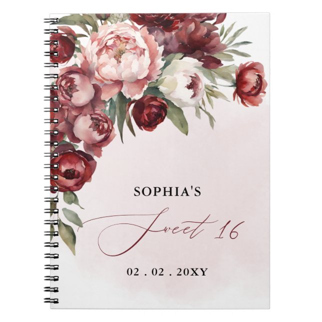 Burgundy Blush Floral Sweet 16 Gästebuch Notizblock (Vorderseite)