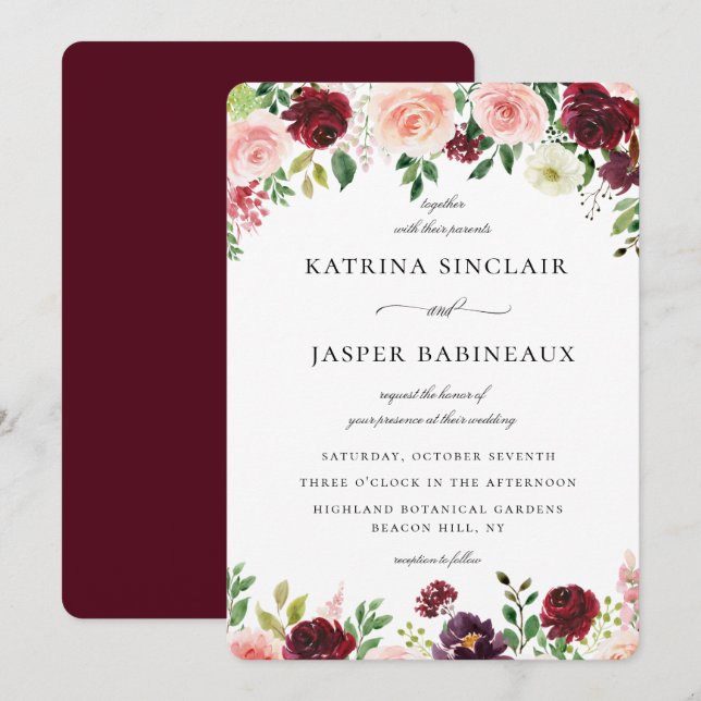 Burgundy Blush Floral Wedding Einladung (Vorne/Hinten)