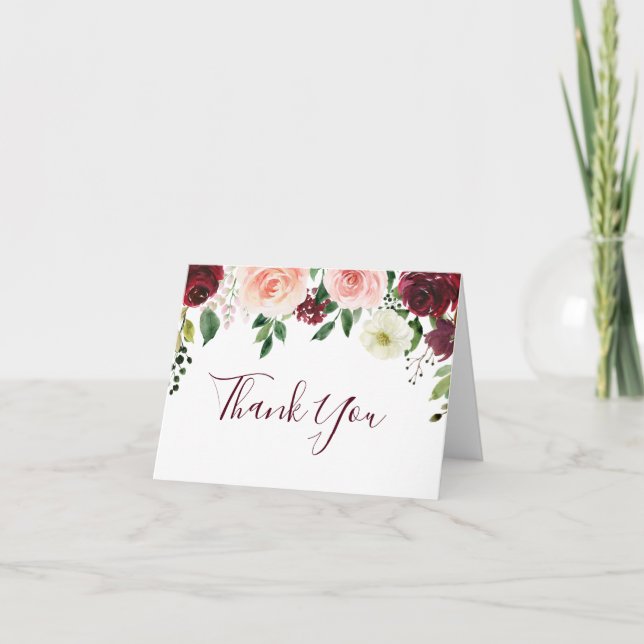 Burgundy Blush Floral Wedding Vielen Dank Dankeskarte (Vorderseite)