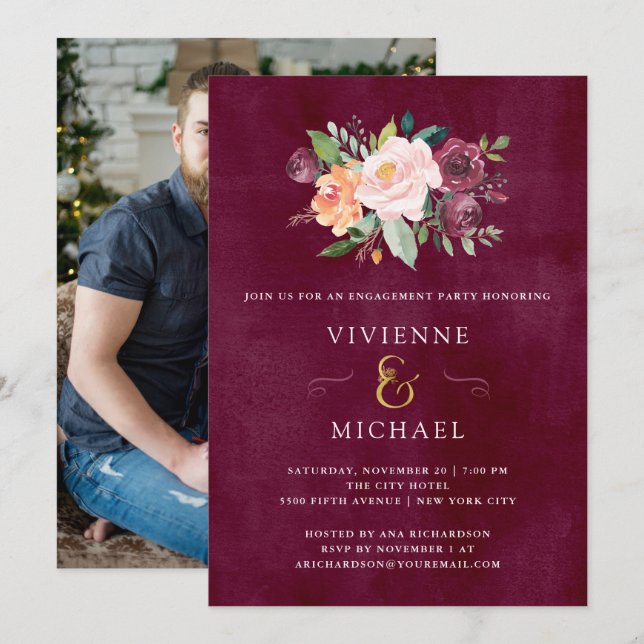Burgundy Blush | florales Foto Einladung (Vorne/Hinten)