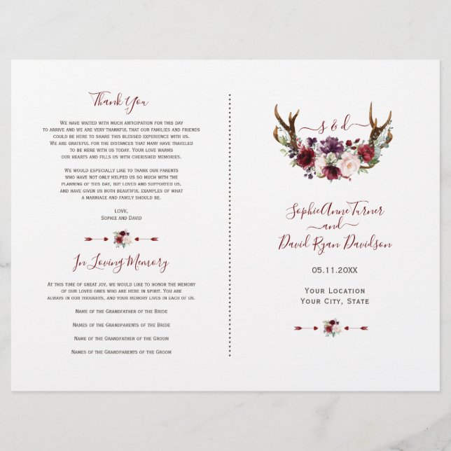 Burgundy Blush Florwers Antlers Wedding Program Flyer (Vorne)