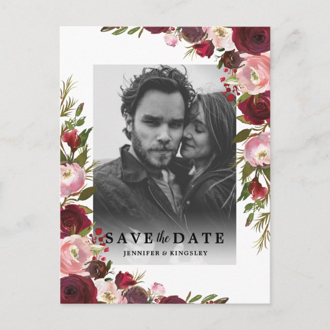 Burgundy Blush Foto Save the Date Ankündigungspostkarte (Vorderseite)