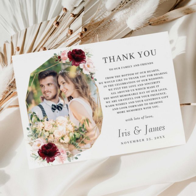 Burgundy Blush Geometic Foto Wedding Dankeskarte (Von Creator hochgeladen)