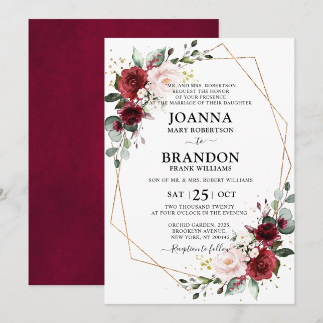 Burgundy Blush Geometric Wedding Einladung (Vorne/Hinten)