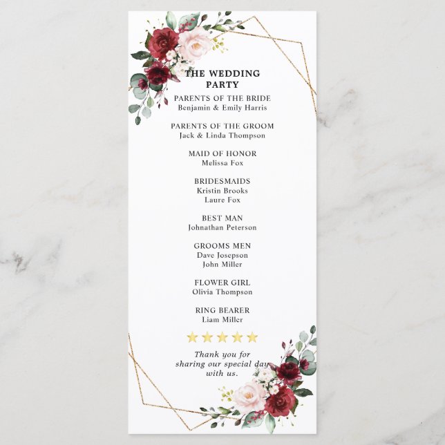 Burgundy Blush Geometric Wedding Reception Programm (Rückseite)