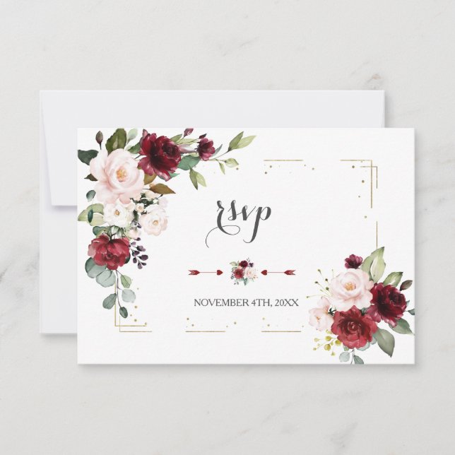 Burgundy Blush Glitzer Frame Wedding RSVP Karte (Vorderseite)