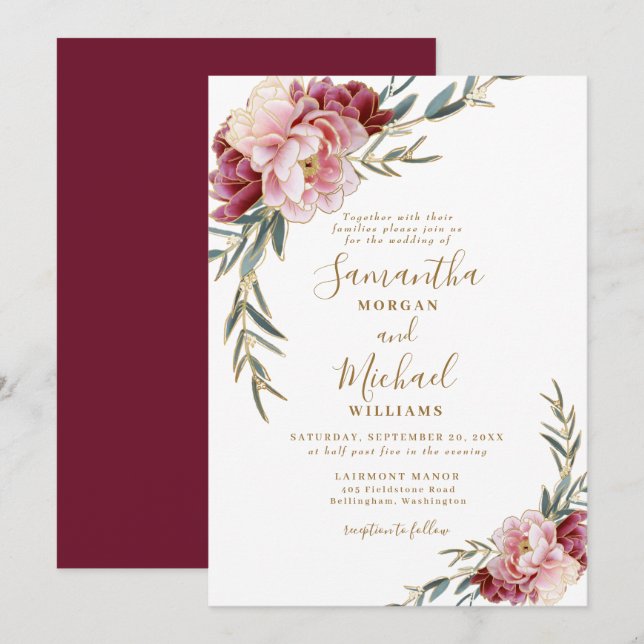 Burgundy Blush Gold Blumengrün Hochzeit Einladung (Vorne/Hinten)