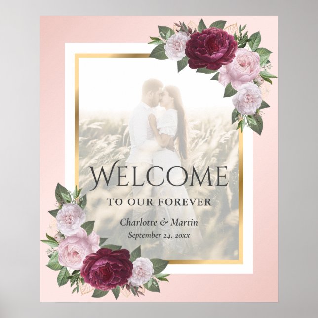 Burgundy Blush Gold Floral Mariage Affiche de bien (Devant)
