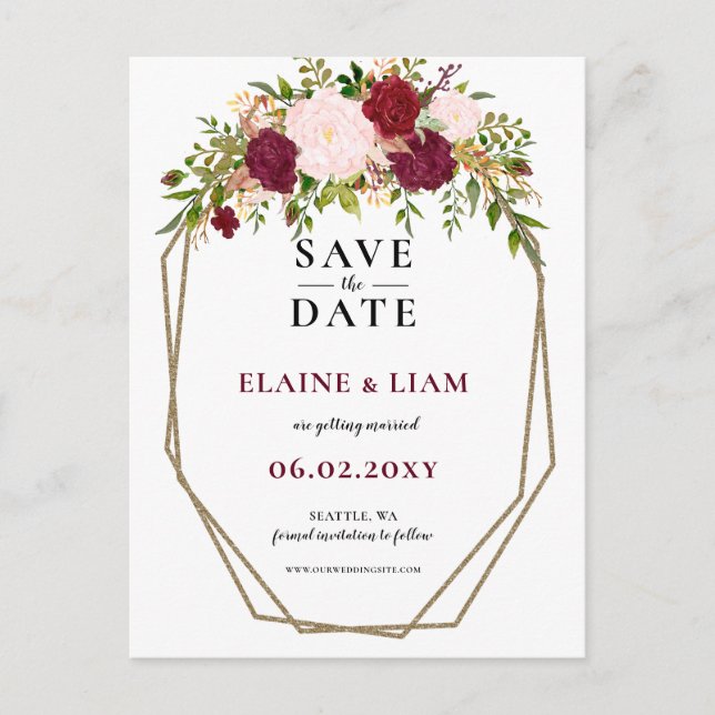 Burgundy Blush Gold Floral Monogram Save the Date Ankündigungspostkarte (Vorderseite)