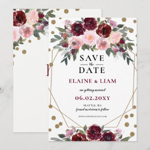 Burgundy Blush Gold Floral Monogram Wedding Rett T Save The Date