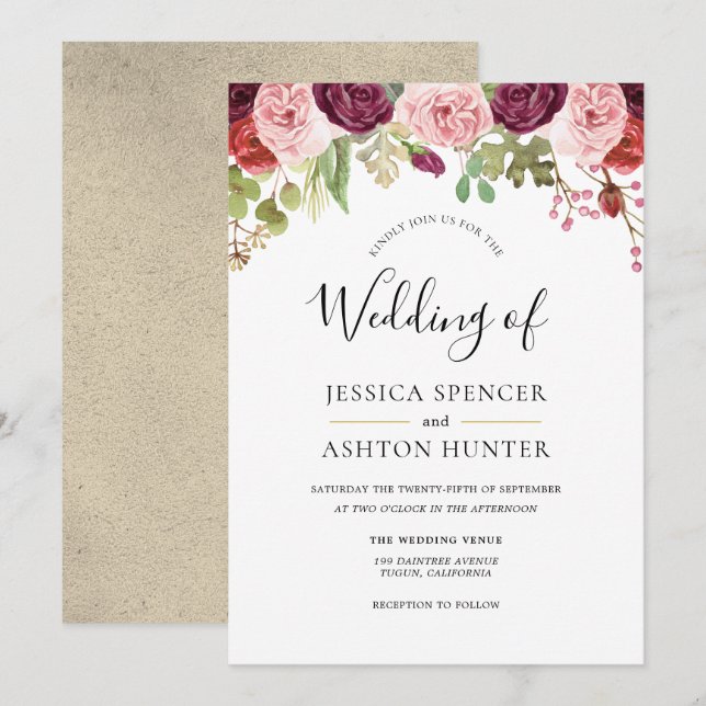 Burgundy Blush & Gold Floral Wedding Invitation (Devant / Derrière)