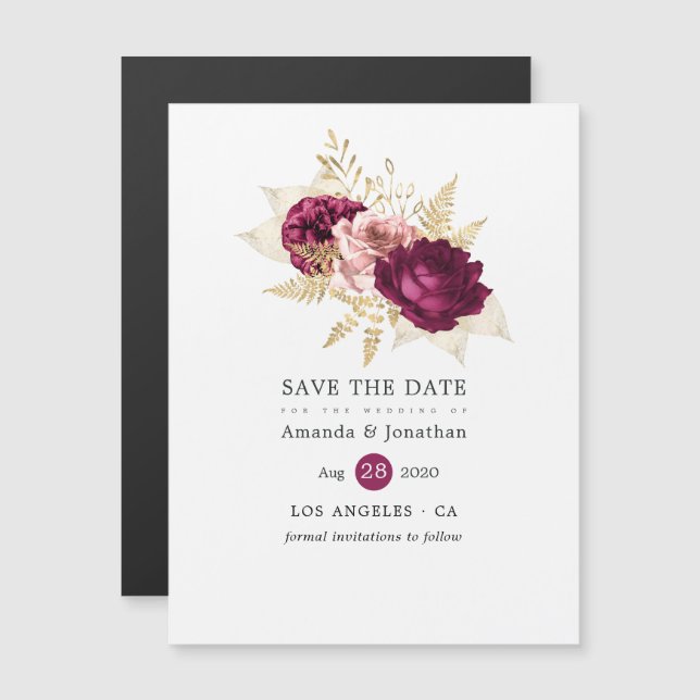 Burgundy Blush & Gold Floral Wedding Save the Date Magneteinladung (Vorne/Hinten)