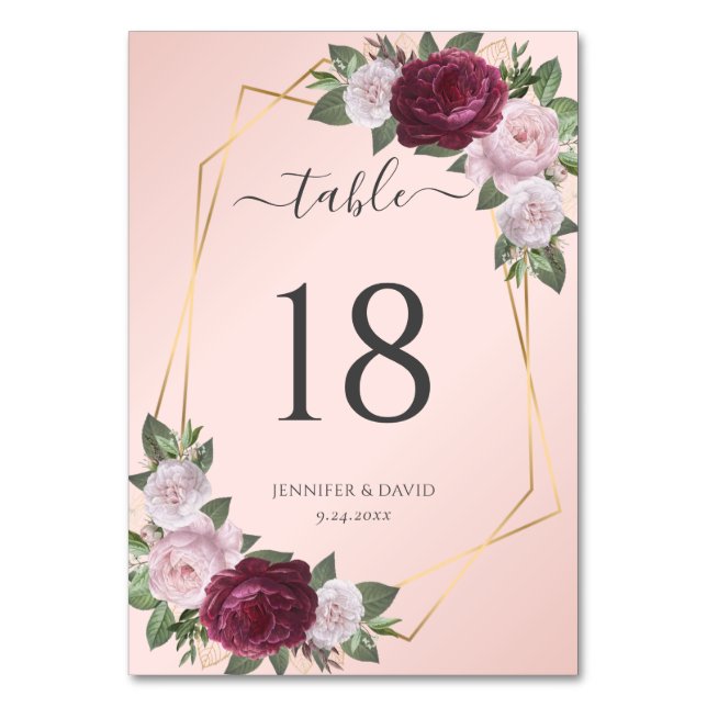 Burgundy Blush Gold Floral Wedding Tischnummer (Vorderseite)