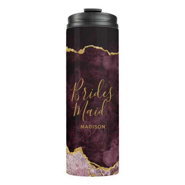 Burgundy Blush Gold Fog Agate Marble Bridesmaid Thermosbecher (Vorderseite)
