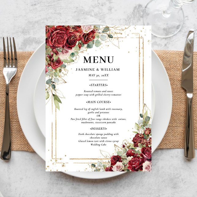 Burgundy Blush Gold Greenerity Wedding Menükarte (Von Creator hochgeladen)