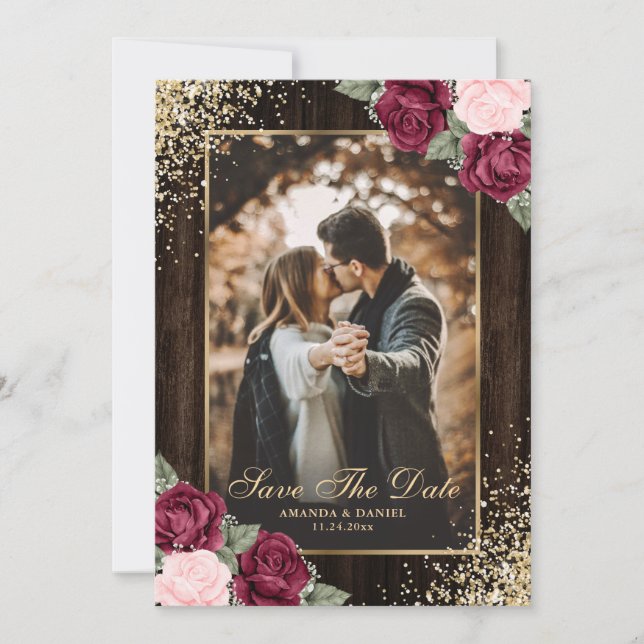 Burgundy Blush Gold Wood Floral Wedding Foto Save The Date (Vorderseite)
