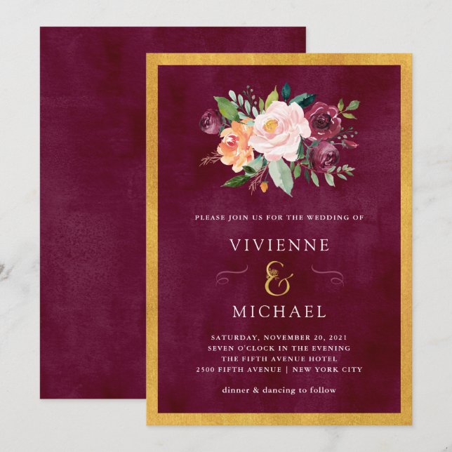 Burgundy Blush | Hochzeit mit Flora und Gold Einladung (Vorne/Hinten)