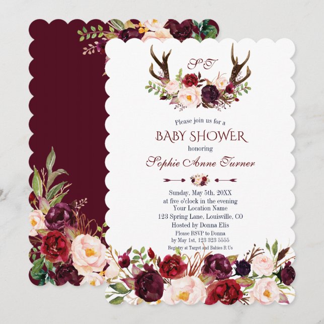 Burgundy Blush Marsala Floral Antlers Babydusche Einladung (Vorne/Hinten)